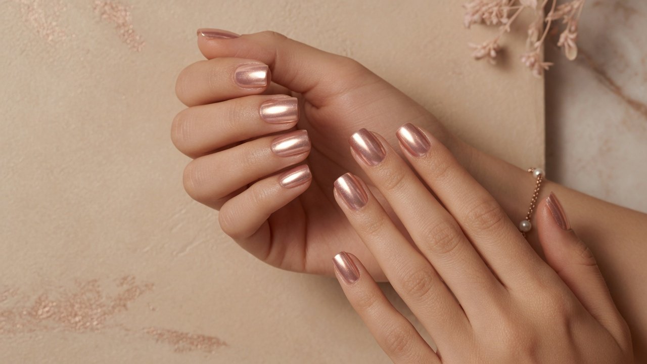 Rose gold chrome nail finish