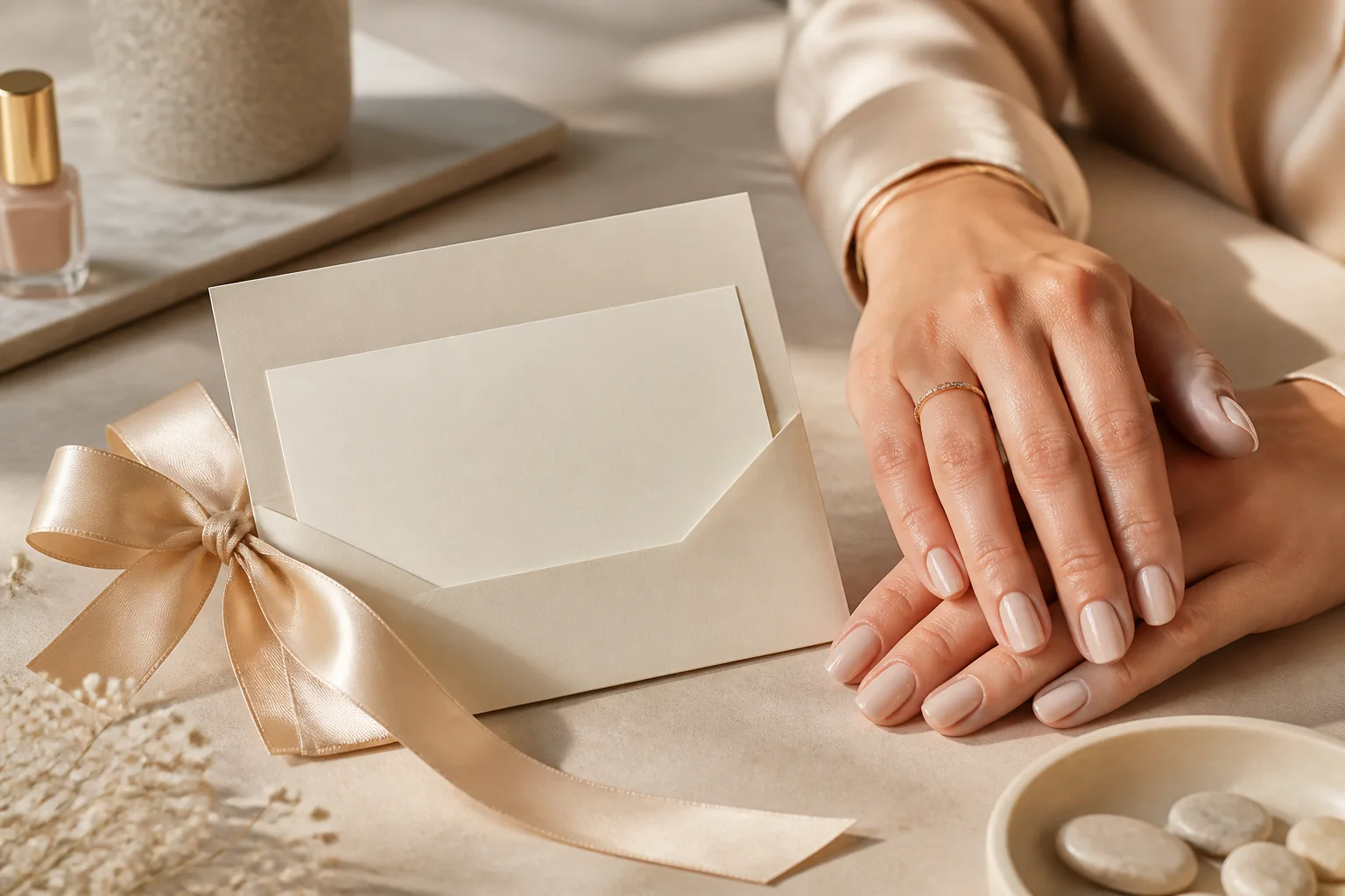 An elegant gift card beside a fresh manicure